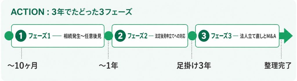 ACTION：実行の流れ（相続発生〜任意後見の確保、法定後見申立てへの対応、法人の立て直しとM&A）