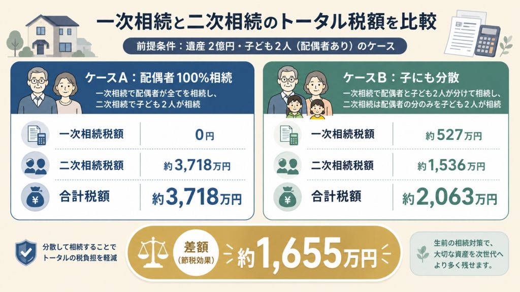 遺産2億円・子2人のケースを想定した「一次相続と二次相続のトータル税額」を比較