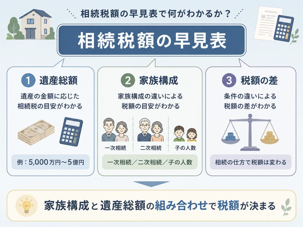相続税額の早見表（遺産総額、家族構成、税額の差）